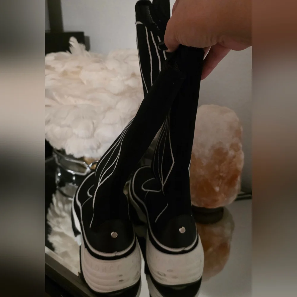 Longchamp Black and White Knee-High Boots